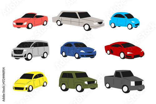 Set of various cars in cartoon style. Isolated on white background. Flat vector illustration.