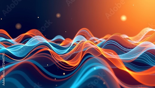 Abstract Digital Landscape with Dynamic Waveforms and Radiant Lines