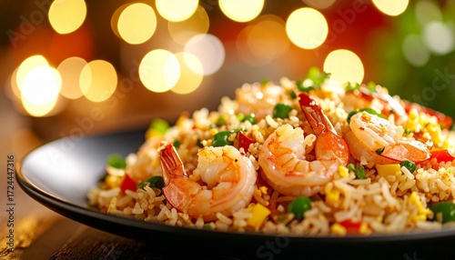 Macro Shot of Delicious Fried Rice with Shrimp and Colorful Vegetables, Perfect for Asian Cuisine Promotions and Restaurant Menu Visuals
