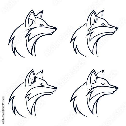 A collection of four stylized fox head illustrations in profile view presented as a clean and modern graphic design element for various applications