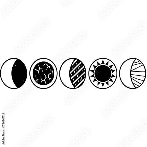 A minimalist graphic design featuring five circular icons in a row on a white background representing celestial bodies and phases of the moon with unique patterns