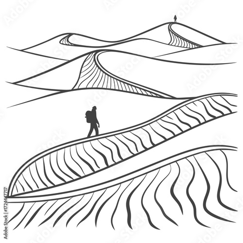 A lone silhouette of a backpacker walks across stylized desert sand dunes under a vast empty sky symbolizing adventure and exploration