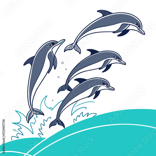 A pod of playful dolphins leaping and splashing joyfully through turquoise ocean waves under a clear white sky depicted in a clean modern graphic style