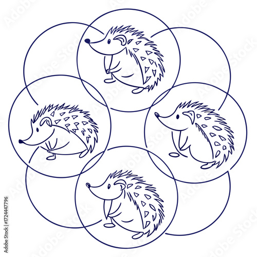 Charming collection of five adorable hand drawn line art hedgehogs nestled within overlapping circles creating a whimsical and playful circular pattern on a white background