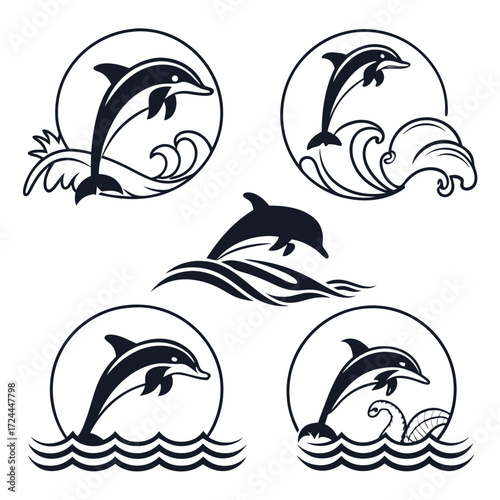 Collection of five stylized black and white graphic illustrations depicting dolphins leaping and playing in stylized ocean waves and circular frames