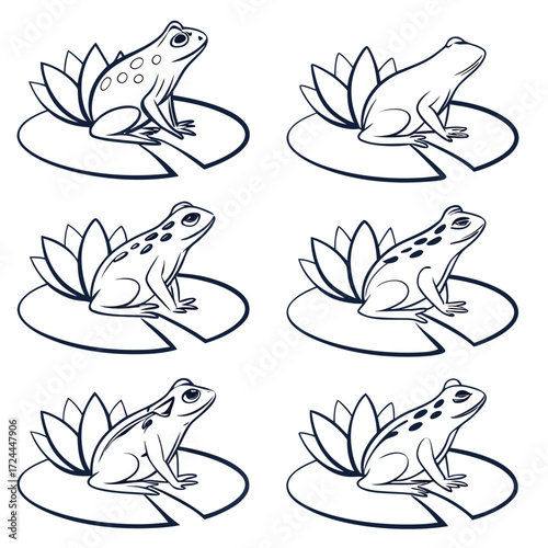 Collection of six stylized line art illustrations of frogs sitting on lily pads each with a unique pattern of spots or stripes on a white background