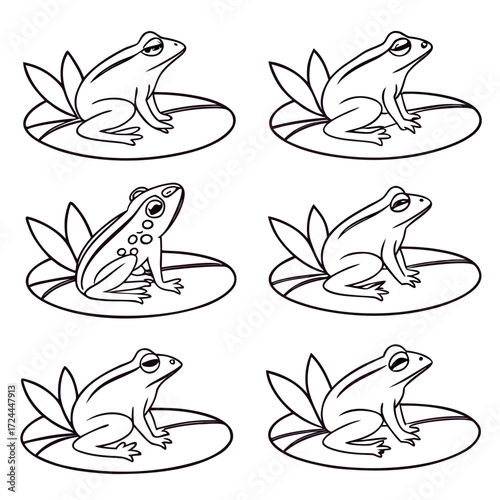 Collection of six whimsical cartoon frogs sitting on lily pads with simple line art style and white background for easy design use