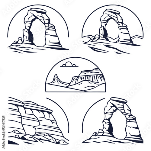 Collection of stylized line art illustrations featuring iconic natural rock arches and desert landscapes perfect for travel and outdoor adventure themes