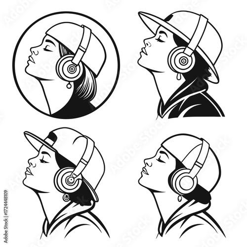 Four stylized black and white line art illustrations of young women wearing baseball caps and headphones enjoying music with eyes closed in profile view