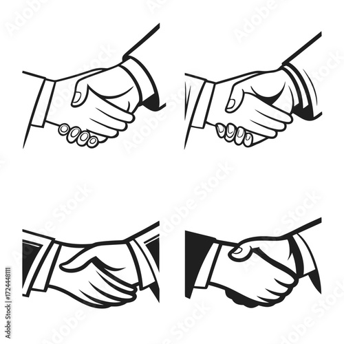 Four stylized black and white line art illustrations of business people shaking hands in agreement and partnership symbols of collaboration and success