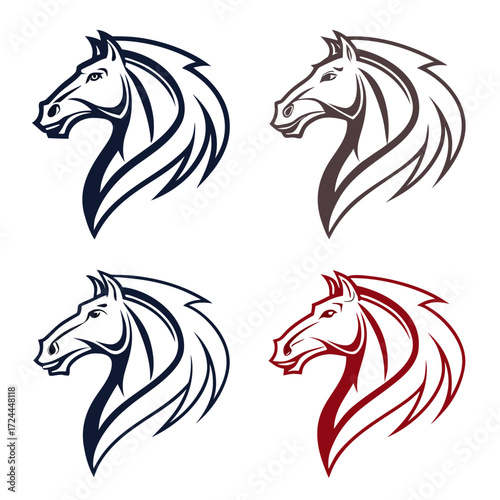 Four stylized horse head emblems in different colors representing power speed and elegance suitable for logos and design elements