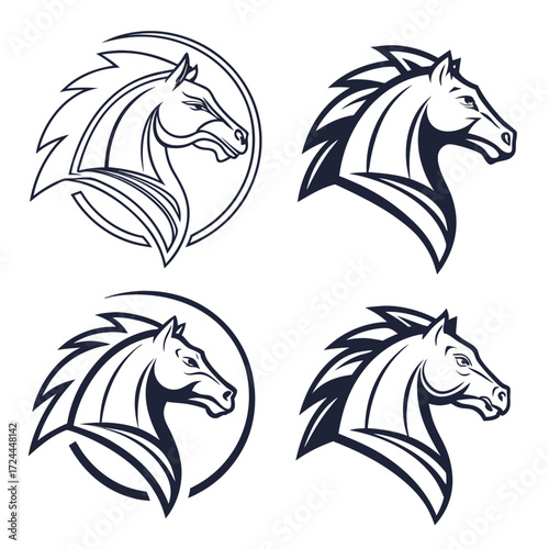 Four stylized horse head logos in black and white featuring a profile view of a powerful equine head with a flowing mane and sharp angular details suitable for sports teams or branding