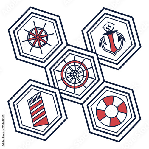 Nautical icons including a ship s wheel anchor lighthouse life preserver and compass rose arranged in a honeycomb pattern with navy blue outlines and red accents on a white background