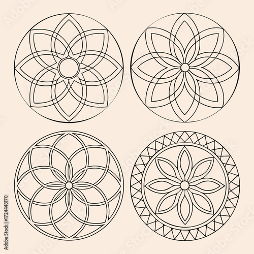 Set of four circular geometric patterns with floral and abstract designs in black outline on a light beige background symbolizing harmony and symmetry