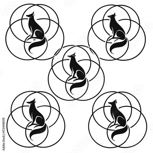 Stylized black fox silhouettes sit gracefully within interconnected circular geometric patterns creating a symmetrical and elegant design on a white background