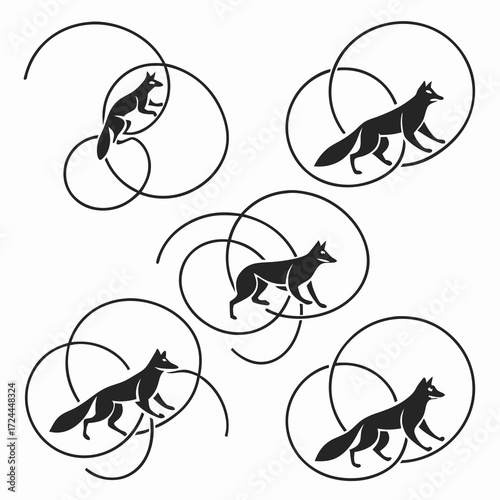 Stylized black fox silhouettes in motion within abstract swirling circular graphic elements creating a dynamic and modern pattern on a white background