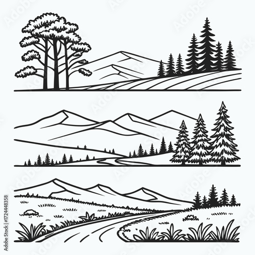 Stylized black and white line art illustrations of serene mountain landscapes with evergreen trees and winding roads evoking a sense of natural beauty and tranquility