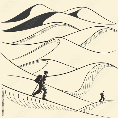 Stylized minimalist illustration of two silhouetted figures trekking across vast undulating sand dunes under a pale sky conveying a sense of journey and solitude
