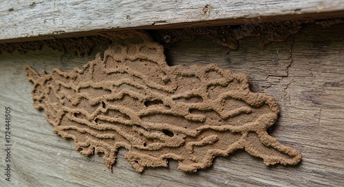 Intricate termite mound texture on weathered wood surface