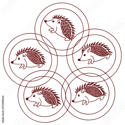 Whimsical illustration of five playful hedgehogs in circular frames arranged in a flower like pattern hand drawn style with dark red outlines and hatching detail on white background