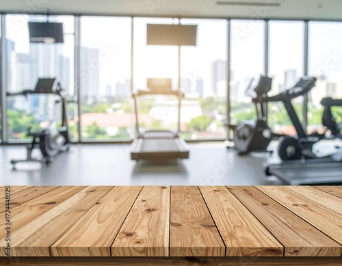 Blurred gym interior, light wooden table