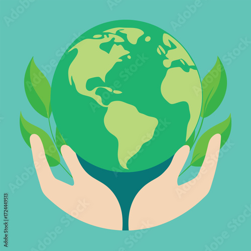 Hands Gently Holding Planet Earth with Green Leaves