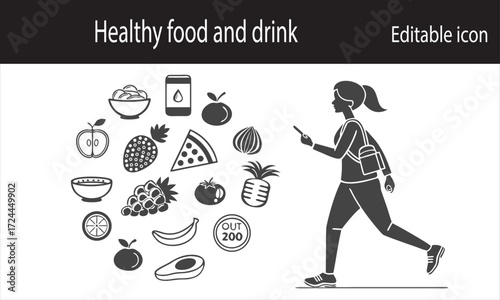 Woman using phone with healthy food and drink icons around her