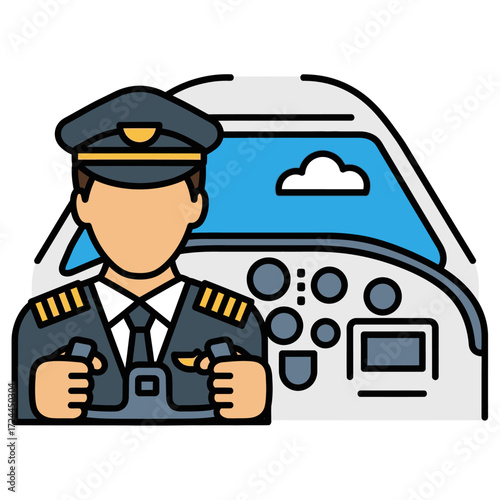 A pilot in uniform sits in the cockpit of an airplane, holding the controls.