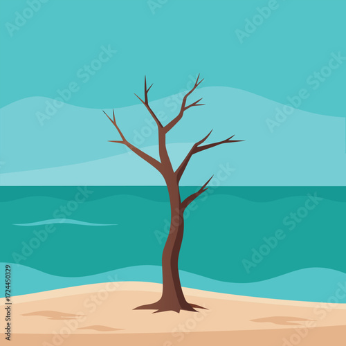Lone Bare Tree on a Sandy Beach by the Ocean Keywords: tree, bare, dead, dry, branches, trunk
