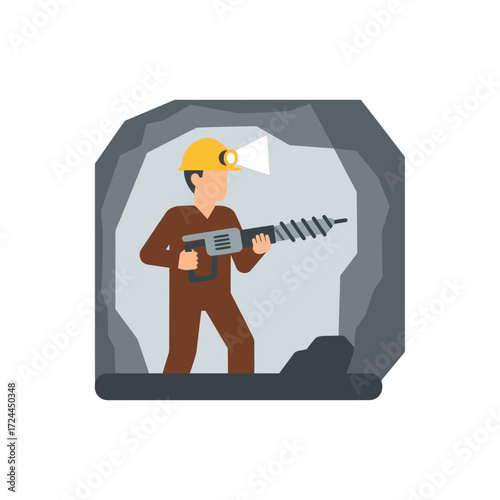 Vector illustration of a miner in a helmet holding a pneumatic drill inside a dark mine.