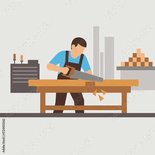 A carpenter is using a hand saw to cut a wooden plank on a workbench.