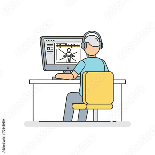 A creative professional wearing headphones works on animation or video editing software on a computer at a desk.