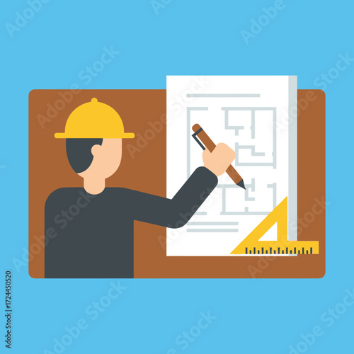 Professional architect or engineer drawing a building blueprint with drafting tools and wearing a hard hat.