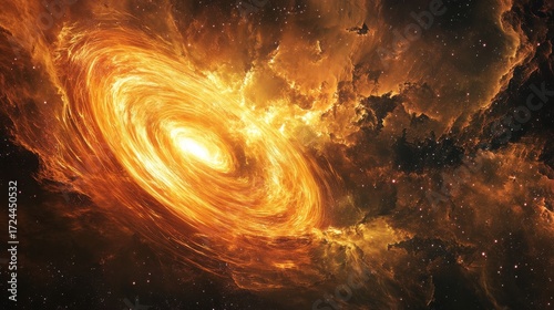 Detailed scientific wallpaper depicting a rotating Kerr black hole, golden plasma disk with turbulent eddies, light-warping background stars and faint cosmic nebula