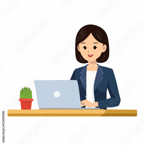 パソコン作業をする働く女性のベクターイラスト素材