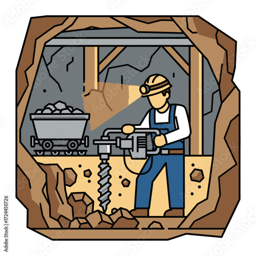 A cartoon illustration of a miner in a hard hat drilling rock underground in a mine shaft with a cart full of ore.