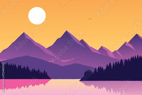 A picturesque view of mountains with a calm lake and dense trees in the foreground.