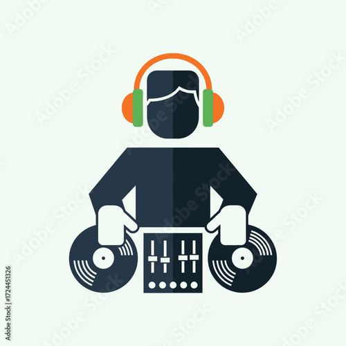 A stylized graphic icon of a DJ wearing headphones and mixing music on a set of turntables with a sound mixer.
