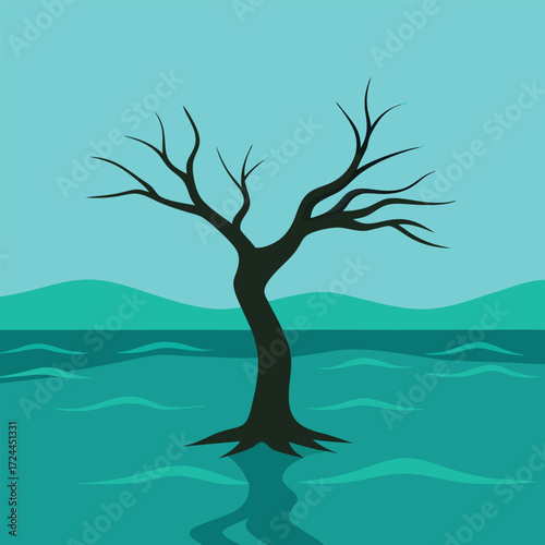 Minimalist bare tree silhouette against turquoise landscape