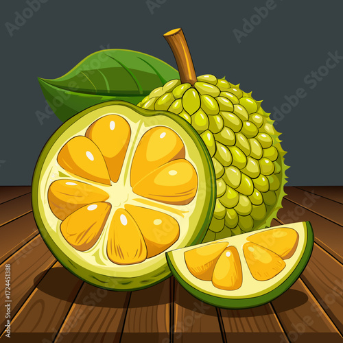 A large segment of fresh jackfruit with yellow pods exposed, some pods separated, on a dark wooden table. Sticky texture, tropical fruit, strong aroma, vegan meat alternative concept.