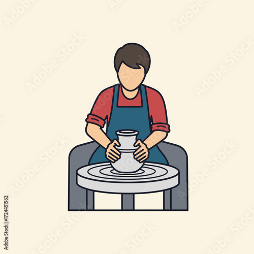 An illustrated person wearing an apron shapes a clay pot on a spinning potter's wheel.