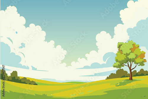 A playful cartoon depiction of a landscape filled with lush trees and billowy clouds under a sunny sky.