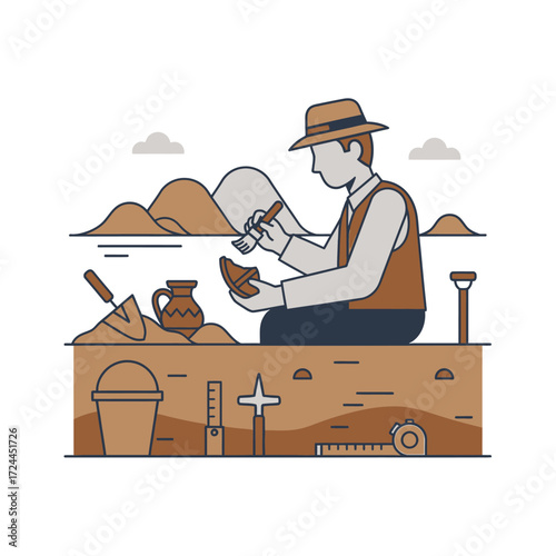 Illustration of an archaeologist carefully excavating artifacts at a dig site.