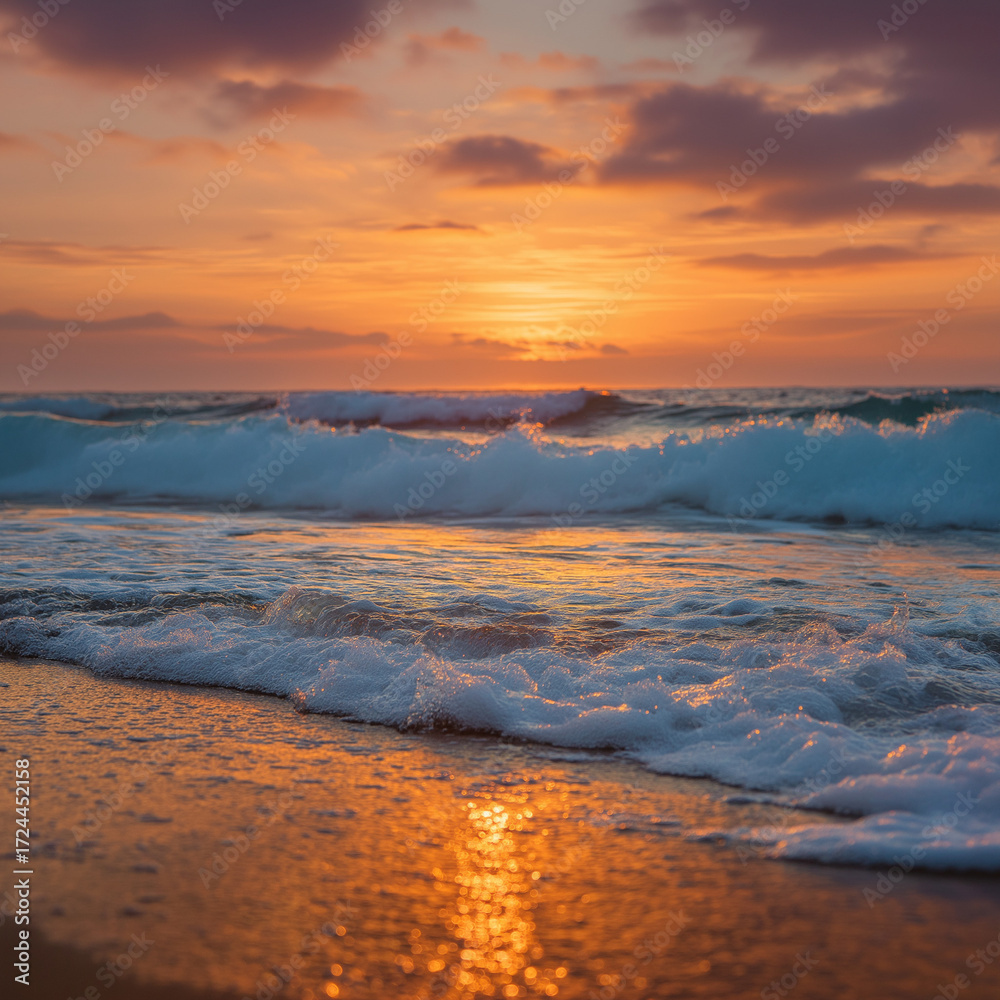 Fototapeta premium Sunset Over Beach Waves and Golden Sky