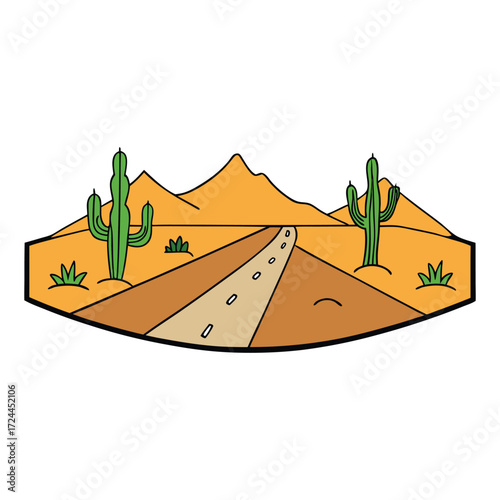 A vast desert landscape with a long road stretching into the horizon, surrounded by sand, rocks, and distant mountains under a wide, clear sky.
