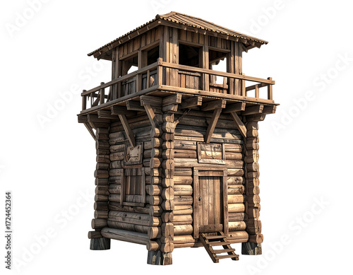 Wooden watchtower, detailed, log cabin style