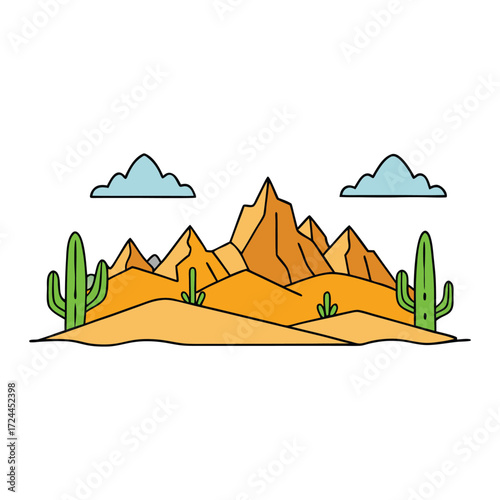 A vast Mexico hot sand desert with golden dunes and striking orange mountains glowing under the sun, creating a dramatic and breathtaking natural landscape.
