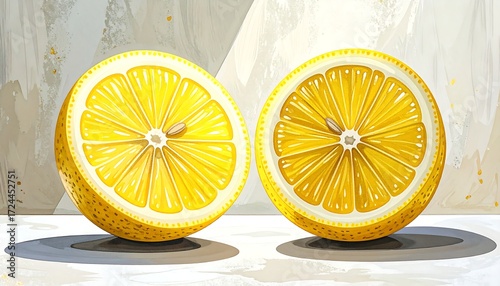 Two vibrant lemon halves, sliced, on a light-gray surface, with a textured background