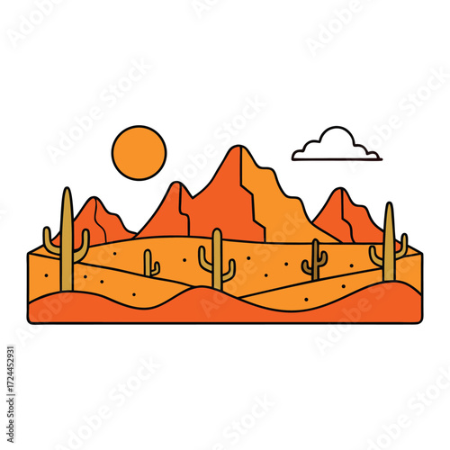 A vast Mexico hot sand desert with golden dunes and striking orange mountains glowing under the sun, creating a dramatic and breathtaking natural landscape.
