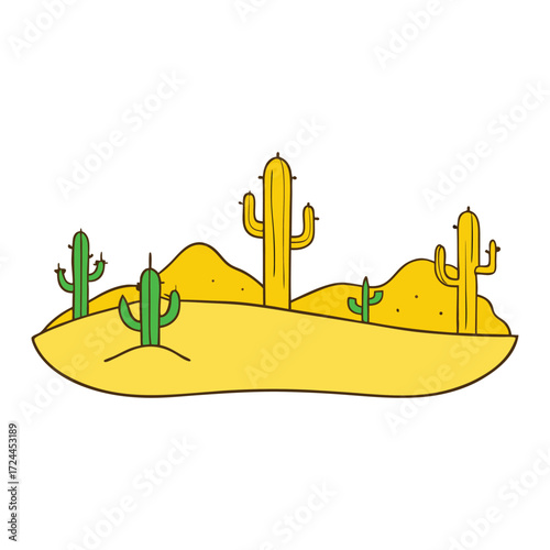 A warm yellow desert scene featuring tall cactus plants under the sun, capturing the dry, arid beauty of the landscape with a touch of calm wilderness charm.
